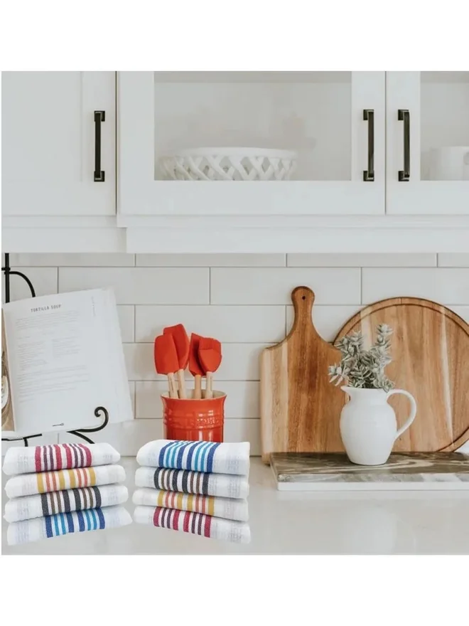 1 تشيس 1CHASE Pack of 8 - Honey Comb Stripe Kitchen Towel, 38x64cm