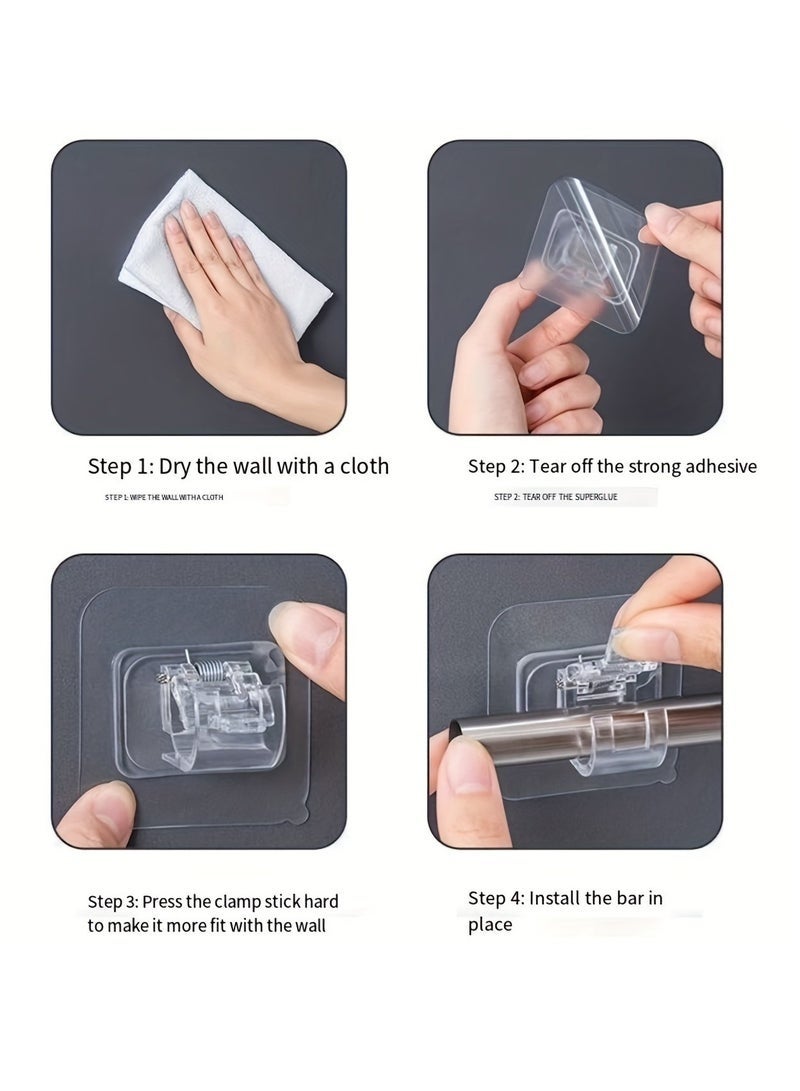 4pcsCurtain Rod Hook Curtain Rod Clip Fixer Punch-free Stick-on Rod Bracket Clip Horizontal Rod Door Sticky Hook Plastic Rod Holders - Image 4