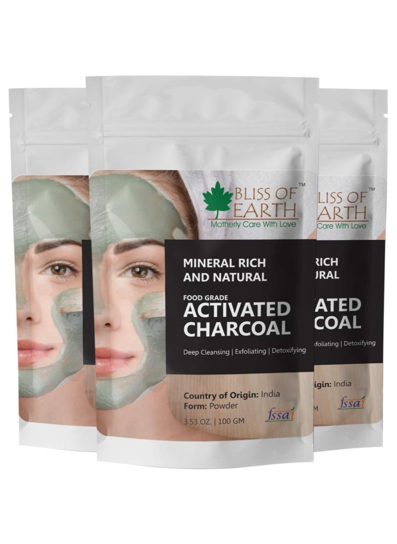 BLISS OF EARTH Coconut Shell Activated Charcoal Powder, 100GM great for face, skin & teeth Pack of 3  - Image 1