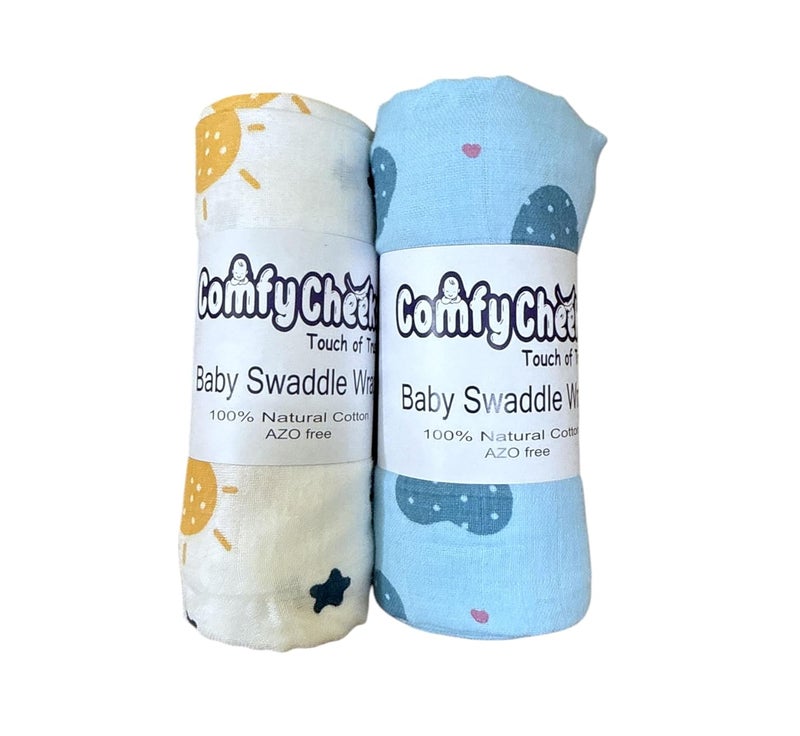 Comfy Cheeks 100% Cotton Muslin Baby Swaddle Set – Pack of 2| Large 115x100 cm Mulmul Swaddle Wrap for Newborn to 18 Months | Soft Breathable Printed Baby Blanket & Towel - Image 1