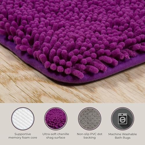Lavish Home 2 Piece Bathroom Rug Set - 32x21 Inch and 24x17 Inch Memory Foam Bath Mats with Chenille Shag Top for Stylish Bathroom Decor - Machine Washable Bath Rugs Set of 2 (Purple) - Image 5