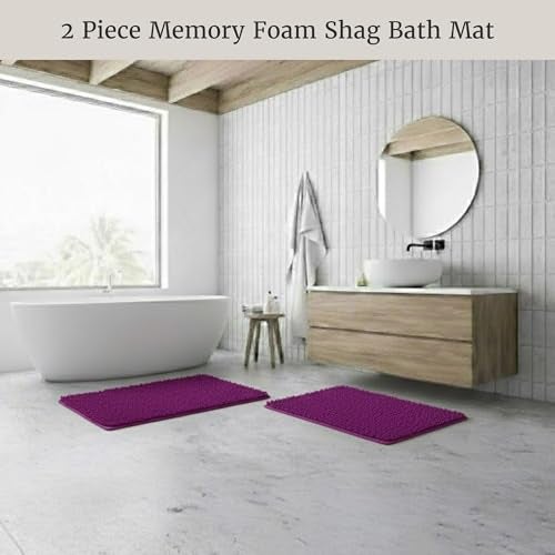 Lavish Home 2 Piece Bathroom Rug Set - 32x21 Inch and 24x17 Inch Memory Foam Bath Mats with Chenille Shag Top for Stylish Bathroom Decor - Machine Washable Bath Rugs Set of 2 (Purple) - Image 2