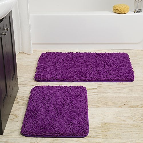Lavish Home 2 Piece Bathroom Rug Set - 32x21 Inch and 24x17 Inch Memory Foam Bath Mats with Chenille Shag Top for Stylish Bathroom Decor - Machine Washable Bath Rugs Set of 2 (Purple) - Image 1