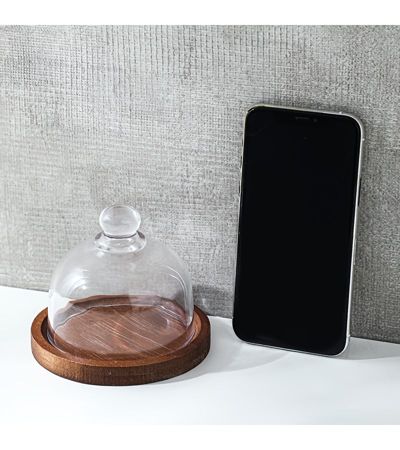 Mini Wooden Dessert Plate With Glass Cover Square Cake Snack Tray - Image 2