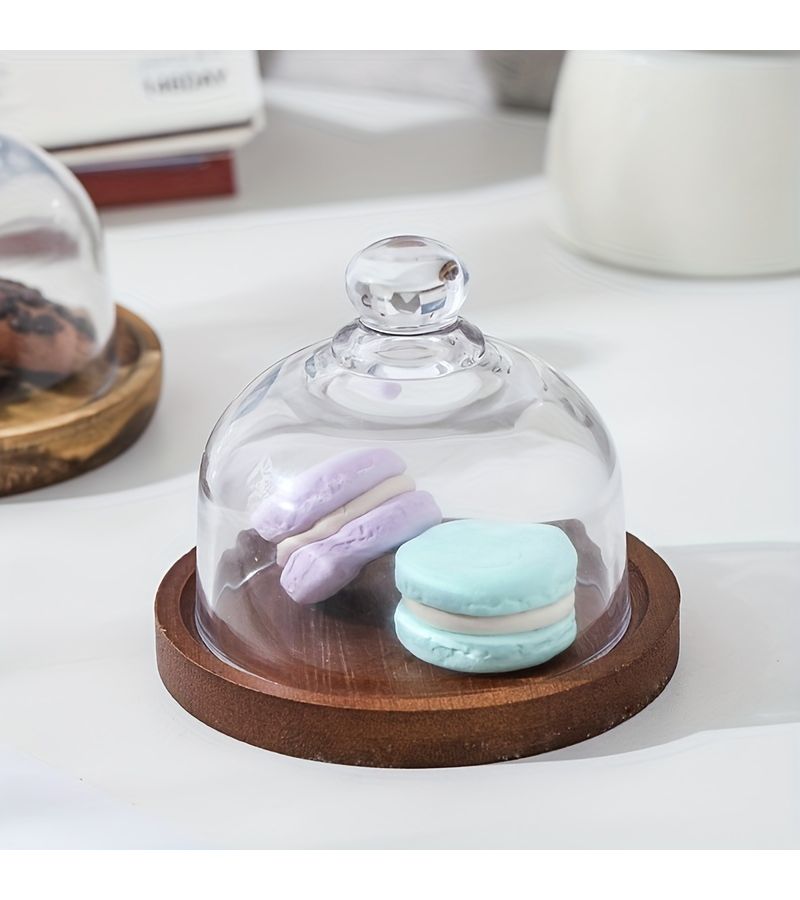 Mini Wooden Dessert Plate With Glass Cover Square Cake Snack Tray - Image 5
