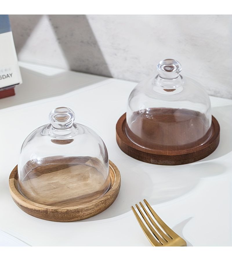 Mini Wooden Dessert Plate With Glass Cover Square Cake Snack Tray - Image 4