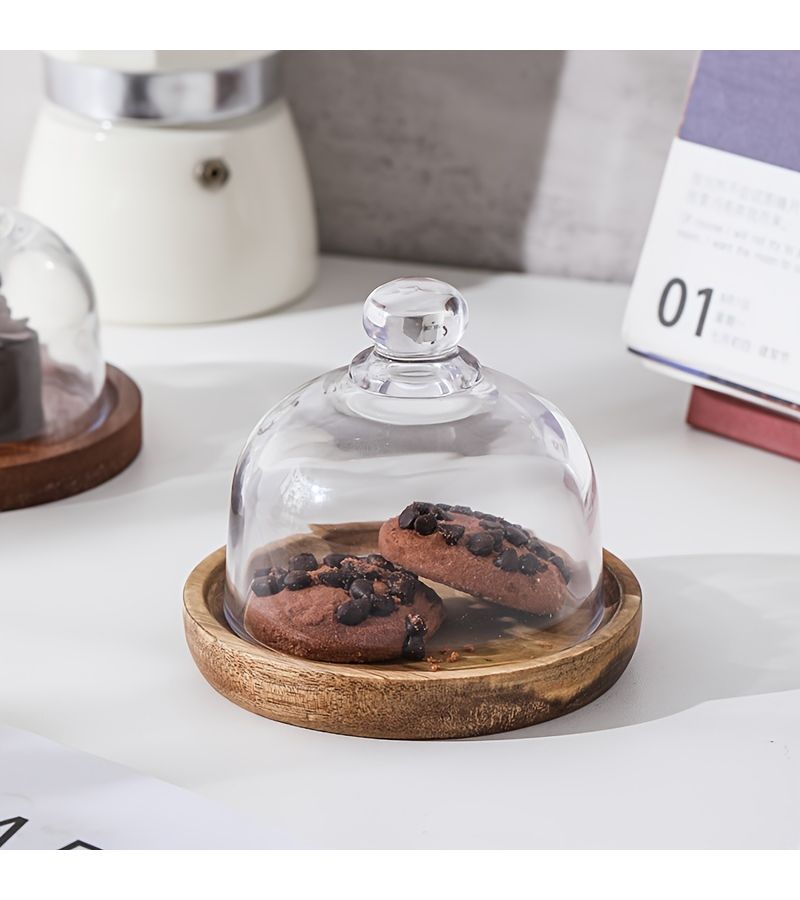 Mini Wooden Dessert Plate With Glass Cover Square Cake Snack Tray - Image 1