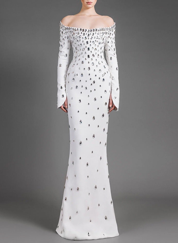 NIBEMINENT Fashion Evening Dress With Beaded And Diamond-encrusted One-shoulder Water Drop Diamond Long Ladies' Dress - Image 1