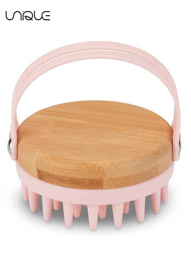 Unique Scalp Massager Shampoo Brush - Hair Head Massager Scalp Brush Scrubber with Soft Exfoliating Silicone Bristles and Bamboo Grip - Head Scrubber for Thick Curly Wet Dry Hair of Women Men Kids - Pink - Image 1