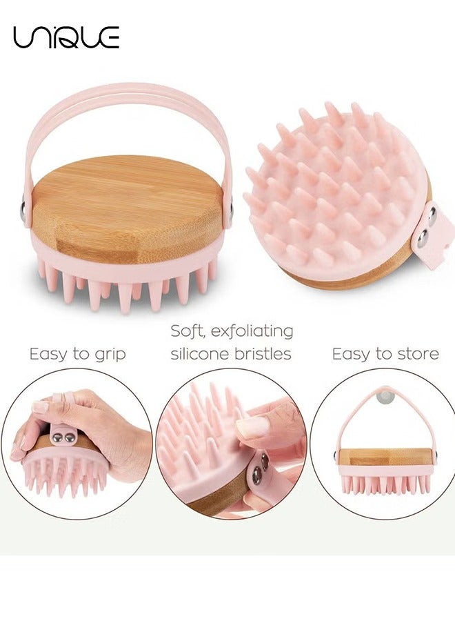 Unique Scalp Massager Shampoo Brush - Hair Head Massager Scalp Brush Scrubber with Soft Exfoliating Silicone Bristles and Bamboo Grip - Head Scrubber for Thick Curly Wet Dry Hair of Women Men Kids - Pink - Image 3