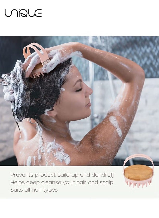 Unique Scalp Massager Shampoo Brush - Hair Head Massager Scalp Brush Scrubber with Soft Exfoliating Silicone Bristles and Bamboo Grip - Head Scrubber for Thick Curly Wet Dry Hair of Women Men Kids - Pink - Image 5