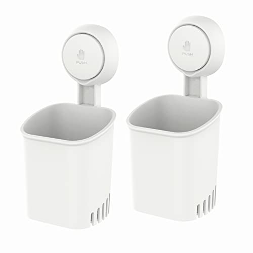 LEVERLOC Powerful Suction Toothbrush Holder, Removable Drill-Free Wall Shower Holder for Toothbrush, Toothpaste, Razor, Self-draining Suction Cup in Shower, Kitchen Tableware Organizer, White, 2 Pack - Image 1