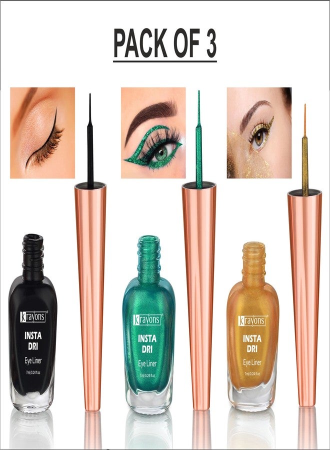 Krayons Insta Dri Sparkling Eyeliner, Black, Green, Golden, Waterproof, Longlasting, 7ml Each, Combo (Pack of 3) - Image 2