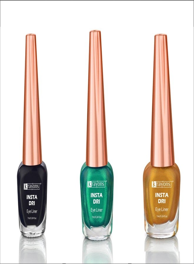 Krayons Insta Dri Sparkling Eyeliner, Black, Green, Golden, Waterproof, Longlasting, 7ml Each, Combo (Pack of 3) - Image 1