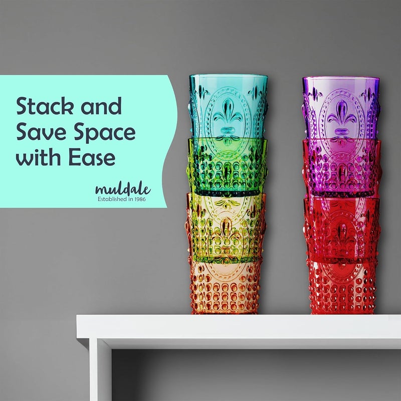 Muldale Vintage Plastic Drinking Glasses Set of 6  Colored Acrylic Party Highball Tumblers 135oz  Boho Stackable Unbreakable Pool Glasses for Adults  BPA Free - Image 3