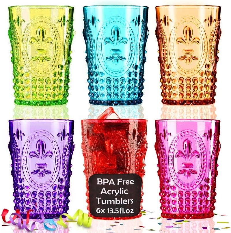 Muldale Vintage Plastic Drinking Glasses Set of 6  Colored Acrylic Party Highball Tumblers 135oz  Boho Stackable Unbreakable Pool Glasses for Adults  BPA Free - Image 1