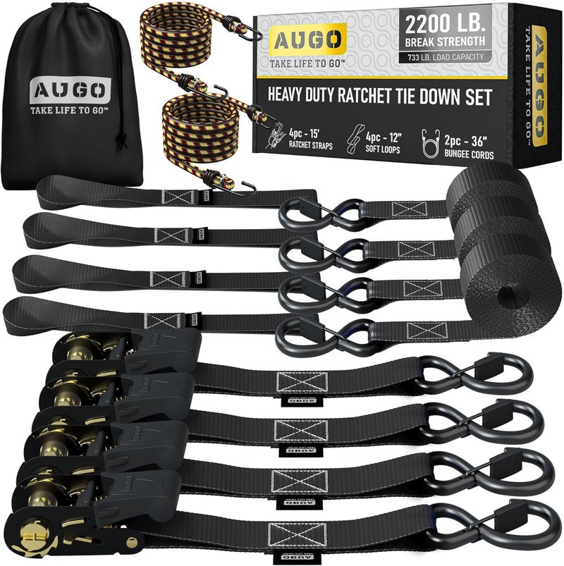 AUGO Heavy Duty Ratchet Tie Down Straps Set - 4 Pack, 15 FT, 2200 LB Break Strength - Image 1