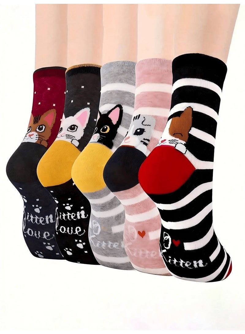Women's Socks 5 Pairs Cute Cat Crew Socks for Ladies, Size 36-39, Multicolor Funny Cartoon Cat Print Mid Calf Socks, Striped Casual Fashion Socks for College, Work, Daily Outfits and Gifts - Image 2