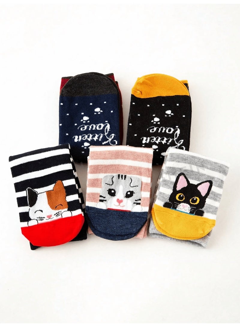 Women's Socks 5 Pairs Cute Cat Crew Socks for Ladies, Size 36-39, Multicolor Funny Cartoon Cat Print Mid Calf Socks, Striped Casual Fashion Socks for College, Work, Daily Outfits and Gifts - Image 4