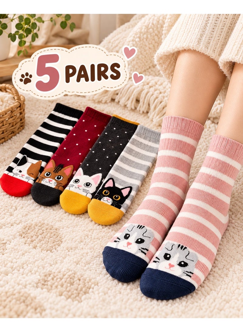 Women's Socks 5 Pairs Cute Cat Crew Socks for Ladies, Size 36-39, Multicolor Funny Cartoon Cat Print Mid Calf Socks, Striped Casual Fashion Socks for College, Work, Daily Outfits and Gifts - Image 1