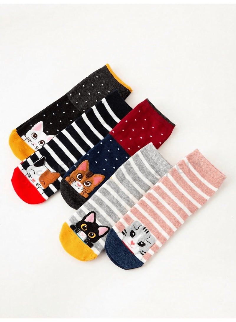 Women's Socks 5 Pairs Cute Cat Crew Socks for Ladies, Size 36-39, Multicolor Funny Cartoon Cat Print Mid Calf Socks, Striped Casual Fashion Socks for College, Work, Daily Outfits and Gifts - Image 3