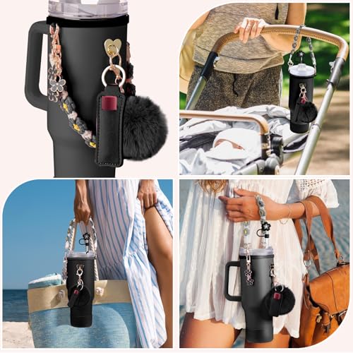 Mity rain Cup Accessories for Stanley Cup 30oz 40oz Tumbler with Handle, Including Water Bottle Handle Strap, Chapstick Holder, Boot, Keychain Charms, Straw Topper Cover Cap for Stanley (Black) - Image 3