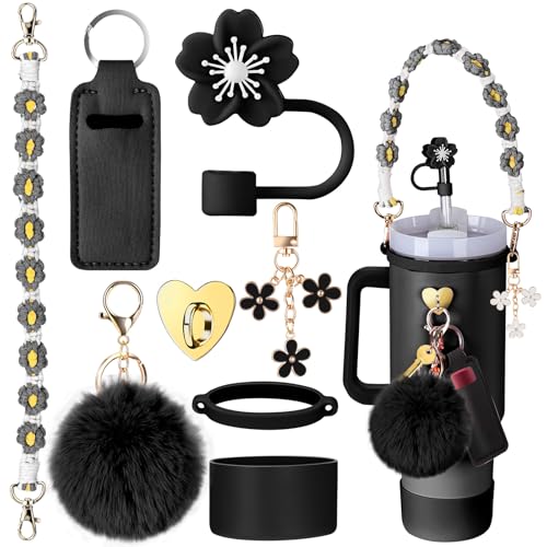 Mity rain Cup Accessories for Stanley Cup 30oz 40oz Tumbler with Handle, Including Water Bottle Handle Strap, Chapstick Holder, Boot, Keychain Charms, Straw Topper Cover Cap for Stanley (Black) - Image 1