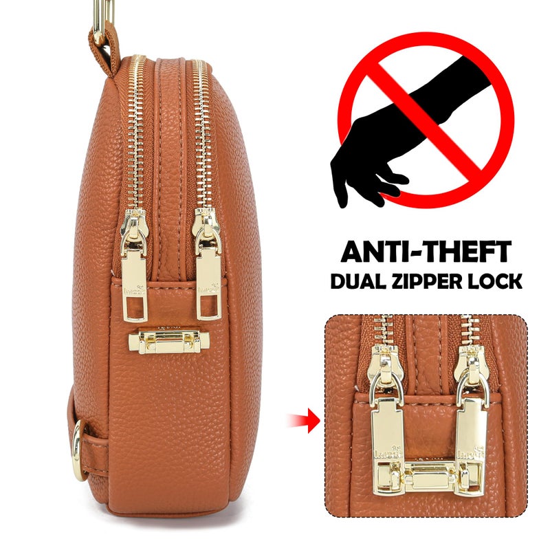 INICAT Anti Theft Crossbody Bag for Women, Small RFID Blocking Sling Purse with Zipper Lock for Travel, Vegan Leather(Brown) - Image 3