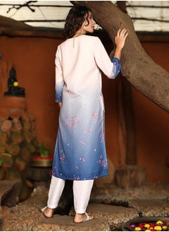  قصة Women's Soft Pink & Navy Blue Ombre Floret Kurta Set  - Image 4
