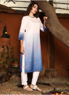  قصة Women's Soft Pink & Navy Blue Ombre Floret Kurta Set  - Image 5