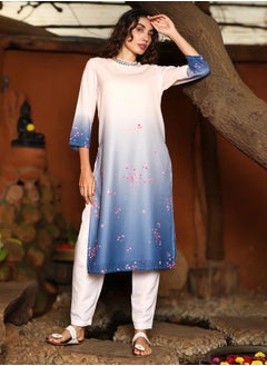  قصة Women's Soft Pink & Navy Blue Ombre Floret Kurta Set  - Image 2