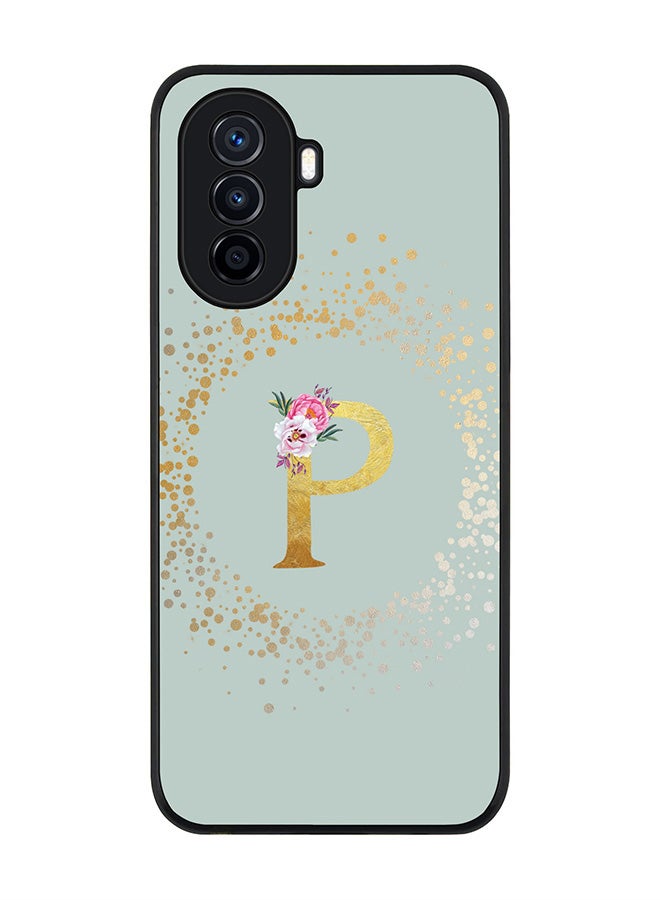 Stylizedd Rugged Black Edge case for Huawei nova Y71,Slim fit Flexible Cover - Custom Monogram Initial Letter Floral Pattern Alphabet - P (Light Grey ) - Image 1