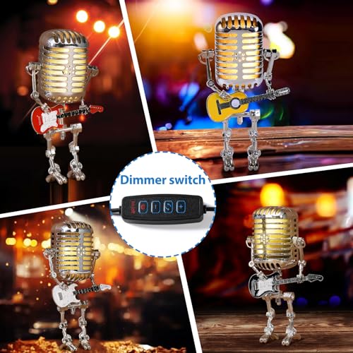 Xmpmrb Vintage Microphone Guitar Robot Lamp, Music Gifts for Men, Cool Gifts for Music Lovers, Vintage Light Home Decor Nightstand Desk Lamp for Bedroom, Music Studio (White) - Image 4