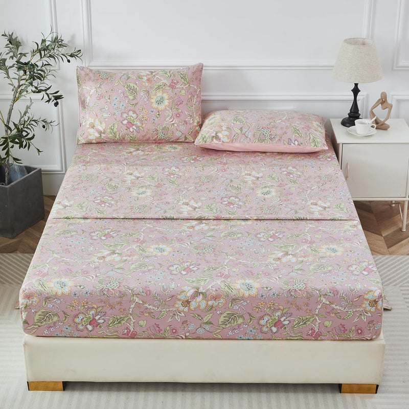 URBONUR Pink Floral Sheet Set King Size 4-Pieces 100% Cotton Percale Sheets for King Bed Shabby Vintage Flowers Bed Sheets King Soft Crisp Luxury Bedding Set, Deep Pocket Sheets - Image 2
