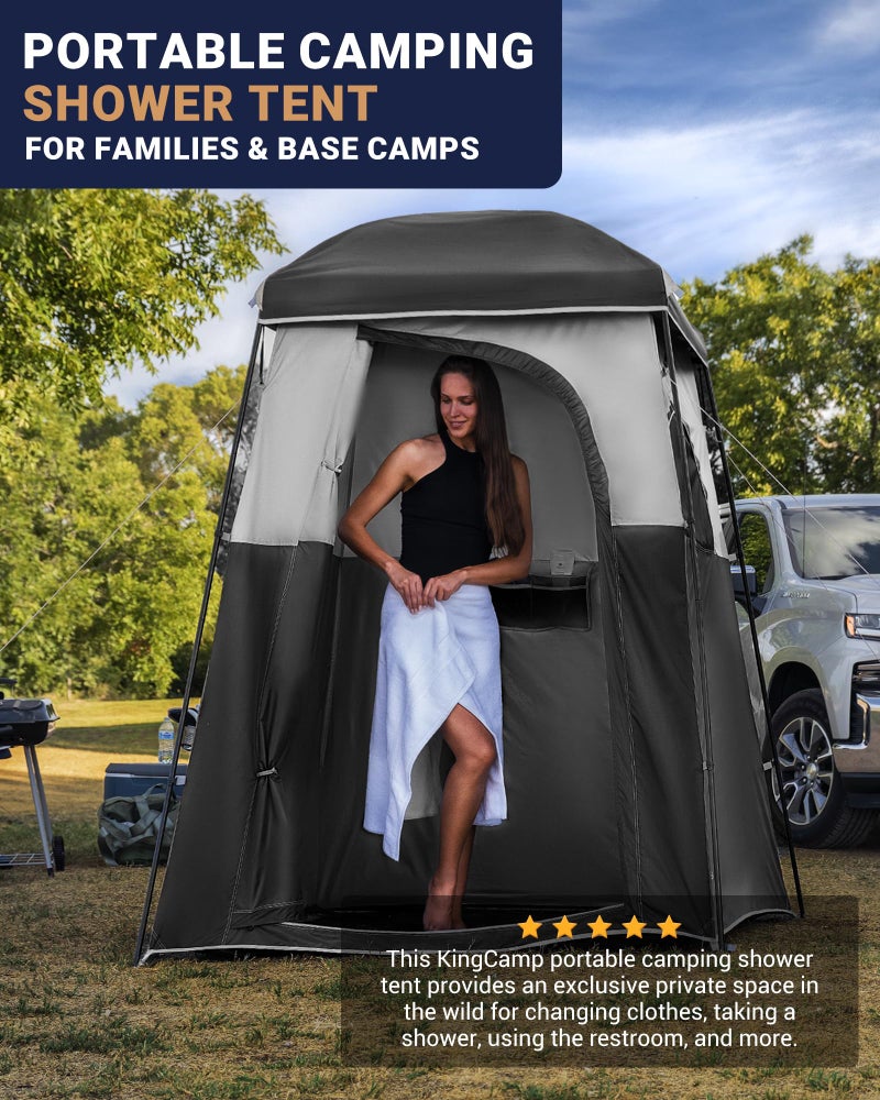 KingCamp Camping Shower Tent, Portable Outdoor Privacy Toilet & Changing Tent Windproof & Waterproof Easy Setup 1 or 2 Room Shelter with Shower Bag for Camping Hiking Beach - Image 2