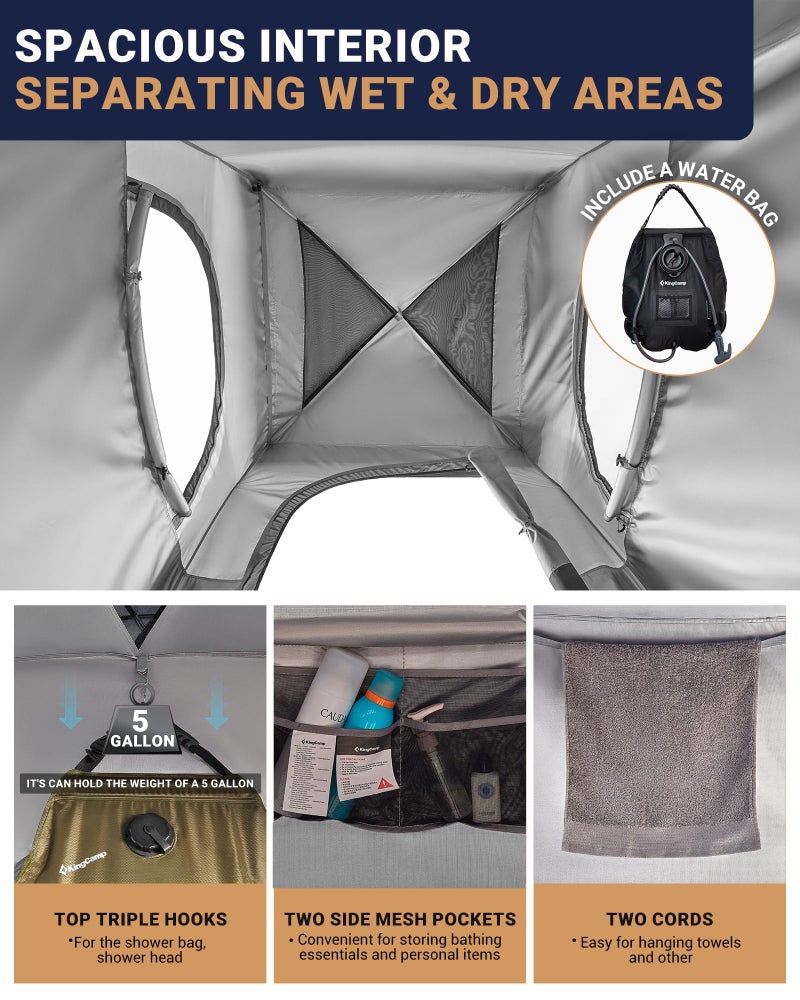 KingCamp Camping Shower Tent, Portable Outdoor Privacy Toilet & Changing Tent Windproof & Waterproof Easy Setup 1 or 2 Room Shelter with Shower Bag for Camping Hiking Beach - Image 4
