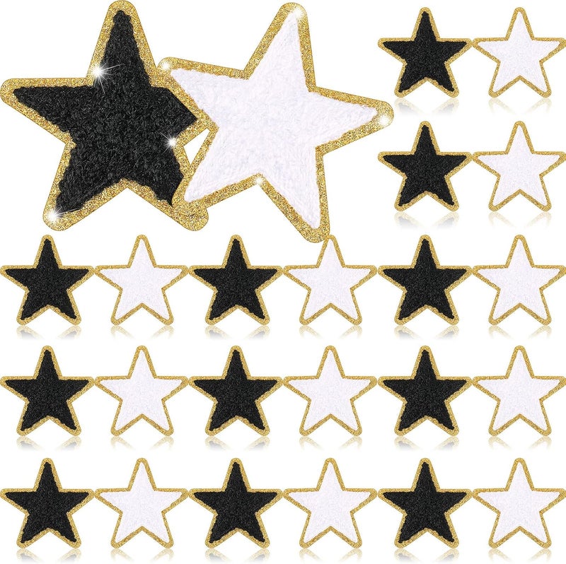 Jexine Jexine 32 Pieces Chenille Star Patches Self Adhesive Small Star Fabric Stickers Patches DIY Sewing Embroidered Appliques for Christmas Clothes Clothing 236 InchBlack White - Image 1
