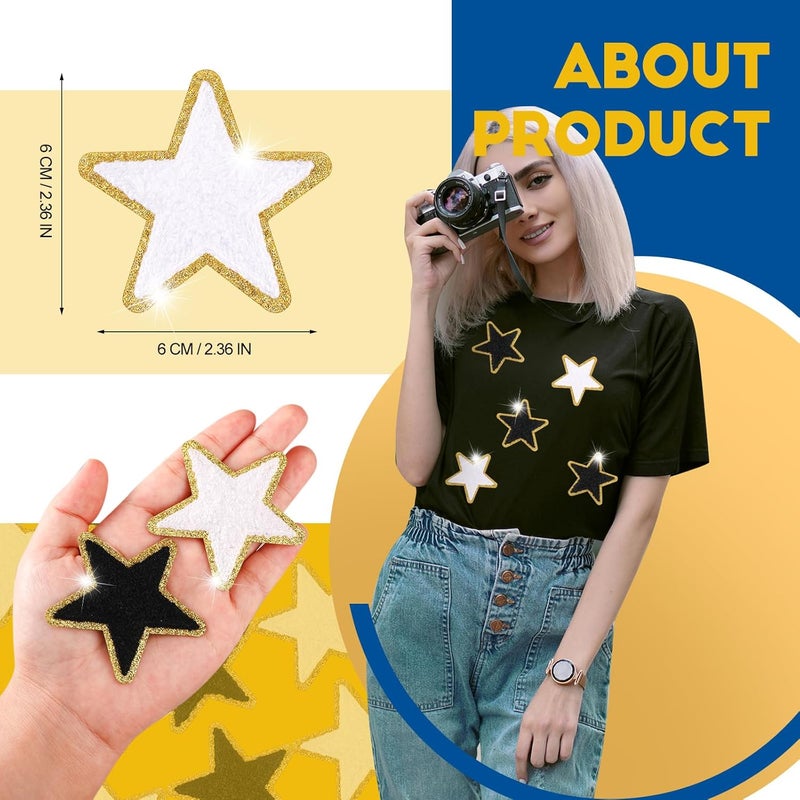Jexine Jexine 32 Pieces Chenille Star Patches Self Adhesive Small Star Fabric Stickers Patches DIY Sewing Embroidered Appliques for Christmas Clothes Clothing 236 InchBlack White - Image 2