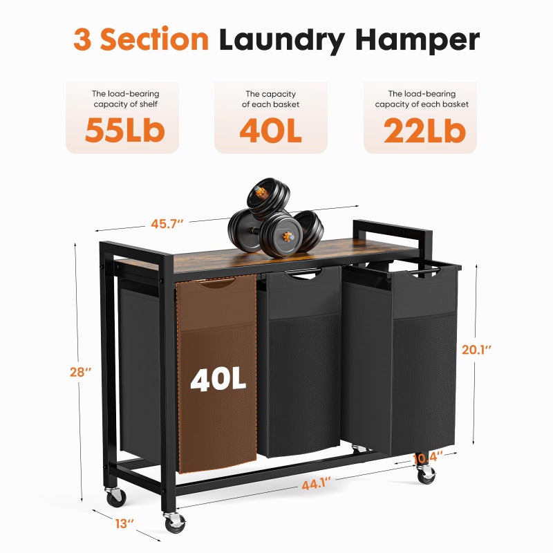 DUMOS Laundry Hamper with 3 Pull-Out Removable Sorter Bags, Movable Wheels, Freestanding Clothes Basket Organizer in Bathroom, 3 Ã— 10.6 Gal (120L) Capacity, Rustic Brown and Black - Image 5