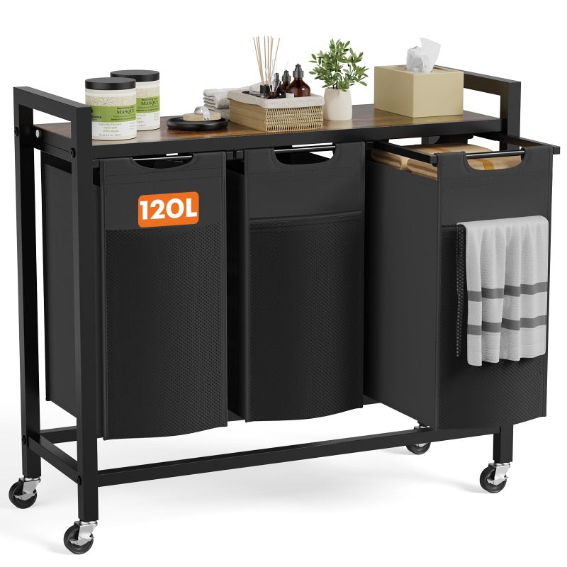DUMOS Laundry Hamper with 3 Pull-Out Removable Sorter Bags, Movable Wheels, Freestanding Clothes Basket Organizer in Bathroom, 3 Ã— 10.6 Gal (120L) Capacity, Rustic Brown and Black - Image 1
