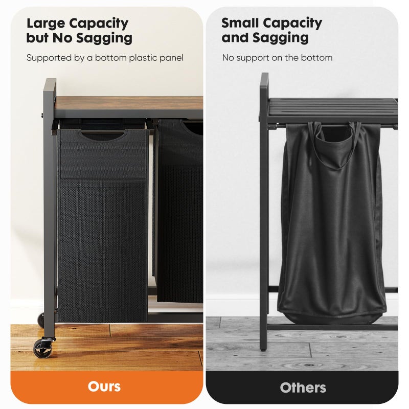DUMOS Laundry Hamper with 3 Pull-Out Removable Sorter Bags, Movable Wheels, Freestanding Clothes Basket Organizer in Bathroom, 3 Ã— 10.6 Gal (120L) Capacity, Rustic Brown and Black - Image 4