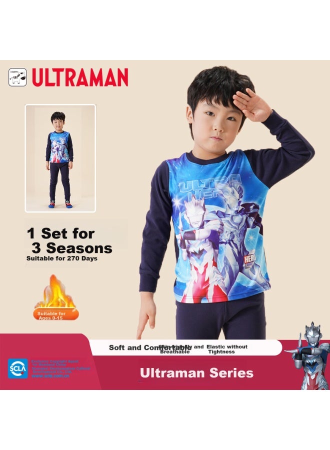 Ultraman Children's Underwear Set, Boys' Autumn Clothes And Pants, Baby Pajamas, Autumn And Winter Loungewear, Ahm96115, Navy Blue, 150cm - Image 1