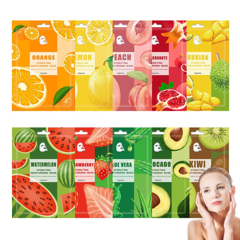 WYBLZPXZ 10 Pack Fruits Sheet Face Mask Skin Care SetDeep Hydrating Facial Mask for All Skin TypesMildness Long Lasting Moisturizing Face Masks Skincare for Men  Women