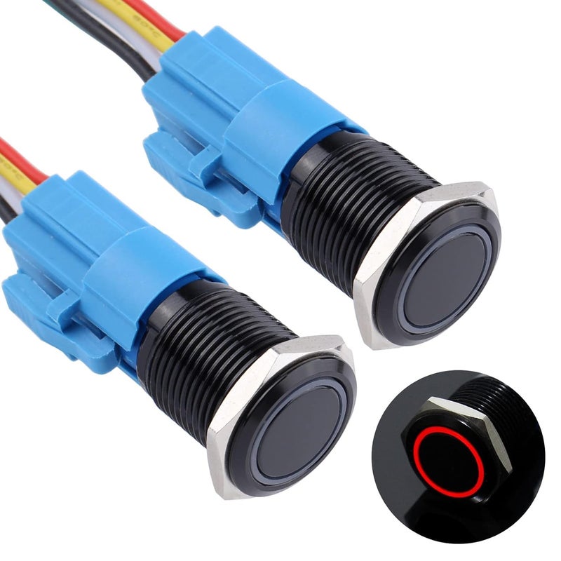 DMWD 2pcs 16mm Metal Waterproof Momentary Push Button Switch Black Shell with Pre-wired Socket, 12V-24V ON OFF 5Pins 1NO 1NC Halo Ring Red LED - Image 1