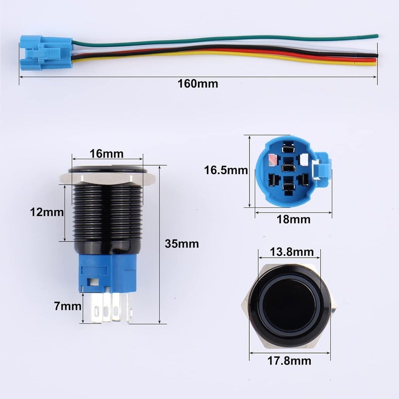 DMWD 2pcs 16mm Metal Waterproof Momentary Push Button Switch Black Shell with Pre-wired Socket, 12V-24V ON OFF 5Pins 1NO 1NC Halo Ring Red LED - Image 2