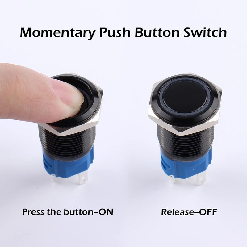 DMWD 2pcs 16mm Metal Waterproof Momentary Push Button Switch Black Shell with Pre-wired Socket, 12V-24V ON OFF 5Pins 1NO 1NC Halo Ring Red LED - Image 3
