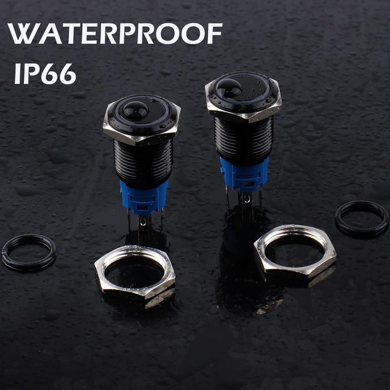 DMWD 2pcs 16mm Metal Waterproof Momentary Push Button Switch Black Shell with Pre-wired Socket, 12V-24V ON OFF 5Pins 1NO 1NC Halo Ring Red LED - Image 5