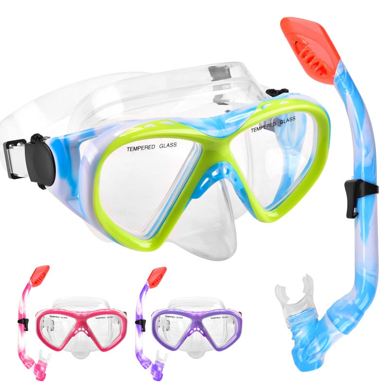ACQCES Kids Snorkel Set Dry Top Snorkeling Gear for Kids Youth Boys Girls Junior Age 5-15,Tempered Glass Swimming Diving Mask and Snorkel Set 180 Degree Panoramic View (Blue) - Image 1