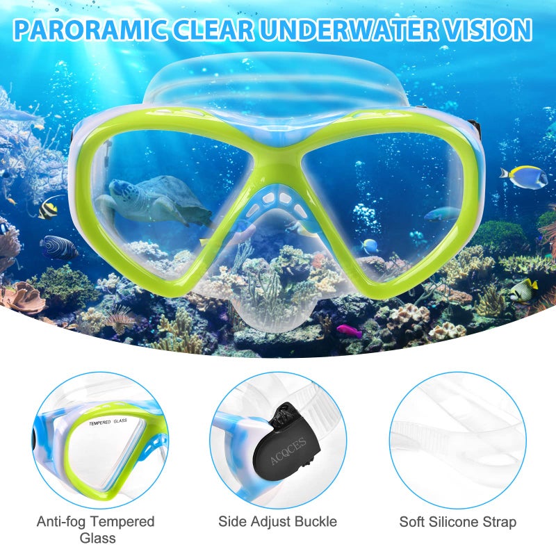 ACQCES Kids Snorkel Set Dry Top Snorkeling Gear for Kids Youth Boys Girls Junior Age 5-15,Tempered Glass Swimming Diving Mask and Snorkel Set 180 Degree Panoramic View (Blue) - Image 4