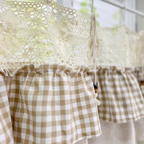 Gxi Tie Top Gingham Kitchen Curtain Check Ruffle Valance Rod Pocket Classic Vintage Beige Farmhouse Short Curtain Linen Valances for Small Windows, 1 Panel W59 x L20 inch - Image 5